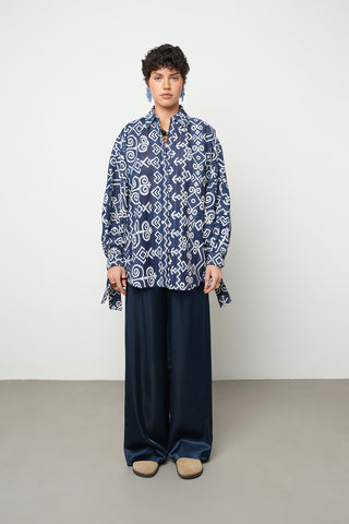 Kadın Lacivert Etnik Desenli Oversize Pamuklu Gömlek