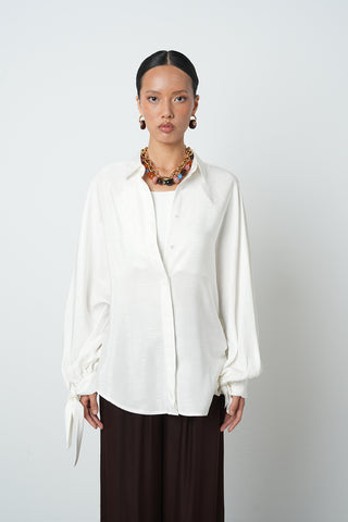 Kadın Balon Kollu Ve Bağcık Detaylı Rahat Kesim Beyaz Gömlek