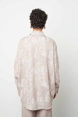 Kadın Viskon Karışımlı Desenli Bej Renk Oversize Tunik Gömlek