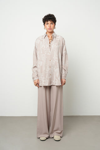 Kadın Viskon Karışımlı Desenli Bej Renk Oversize Tunik Gömlek