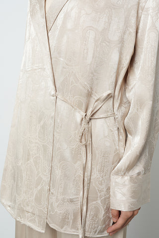 Kadın Jakar Dokulu Bağlamalı Viskon Bej Ceket