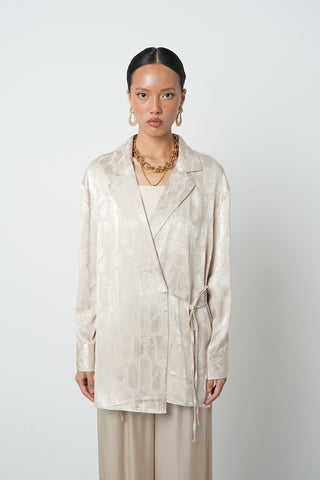 Kadın Jakar Dokulu Bağlamalı Viskon Bej Ceket