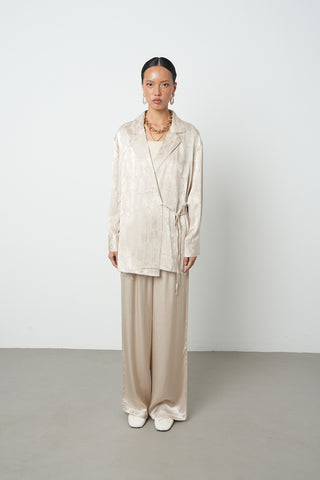 Kadın Jakar Dokulu Bağlamalı Viskon Bej Ceket