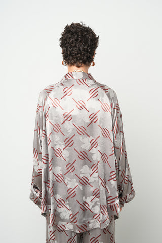 Kadın Geometrik Çizgi Desenli İpeksi Saten Görünümlü Kimono