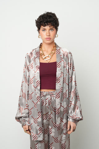 Kadın Geometrik Çizgi Desenli İpeksi Saten Görünümlü Kimono