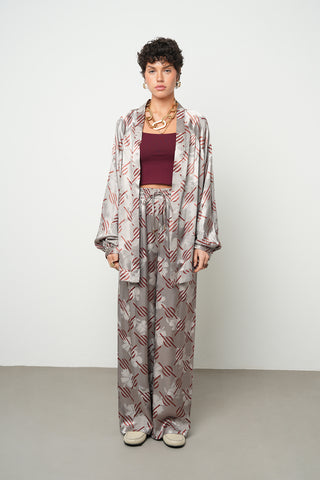 Kadın Geometrik Çizgi Desenli İpeksi Saten Görünümlü Kimono