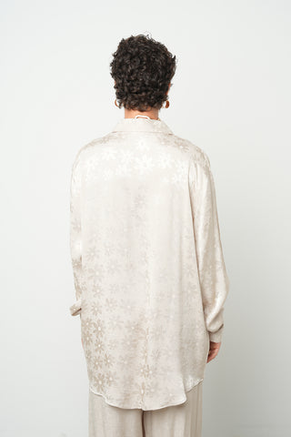Kadın İpeksi Dokulu Çiçek Desenli Jakarlı Oversize Gömlek