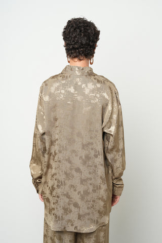 Kadın Flora Haki Soyut Desenli Saten Görünümlü Oversize Gömlek