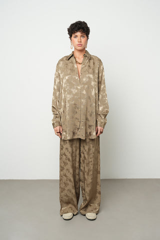 Kadın Flora Haki Soyut Desenli Saten Görünümlü Oversize Gömlek