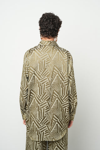 Kadın Grafik Haki Çizgi Desenli Esnek İpeksi Saten Görünümlü Oversize Gömlek