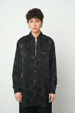 Kadın Siyah Çiçek Desenli Oversize Gömlek