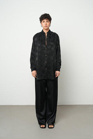 Kadın Siyah Çiçek Desenli Oversize Gömlek