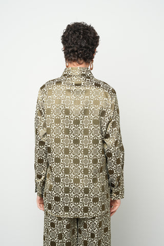 Kadın Mistik Haki Geometrik Çiçek Desenli İpeksi Saten Esnek Gömlek