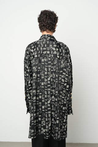 Kadın Asimetrik Kesim Grafik Desenli Esnek Saten Görünümlü Oversize Tunik