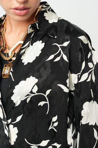 Kadın Modern Çiçek Desenli Siyah - Beyaz Klasik Yaka Gömlek