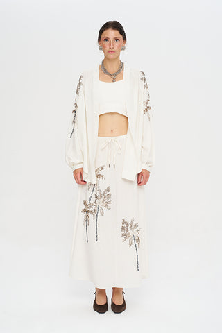Kadın Palmiye Boncuk İşlemeli Oversize Ekru Kimono