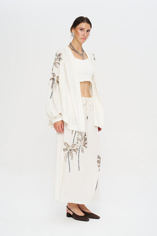 Kadın Palmiye Boncuk İşlemeli Oversize Ekru Kimono