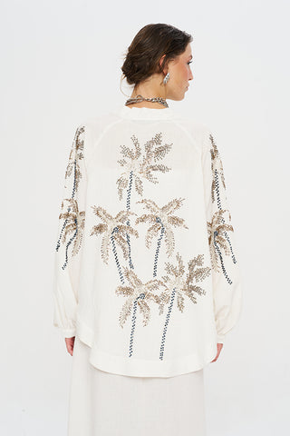 Kadın Palmiye Boncuk İşlemeli Oversize Ekru Kimono