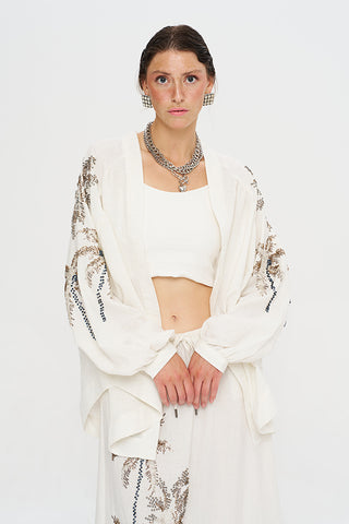 Kadın Palmiye Boncuk İşlemeli Oversize Ekru Kimono