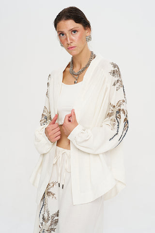 Kadın Palmiye Boncuk İşlemeli Oversize Ekru Kimono