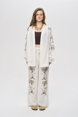 Kadın Taş Ve Boncuk İşlemeli Oversize Natur Kimono