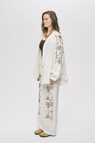 Kadın Taş Ve Boncuk İşlemeli Oversize Natur Kimono