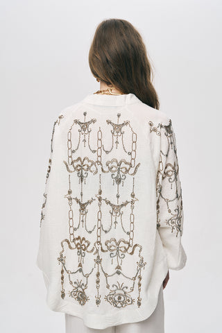 Kadın Taş Ve Boncuk İşlemeli Oversize Natur Kimono