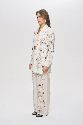 Kadın Çiçek Nakışlı Oversize Viskon-Keten Gömlek