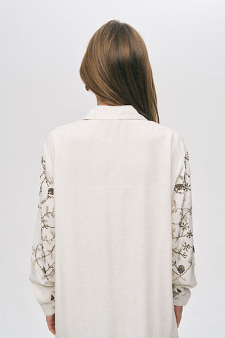 Kadın Çiçek Nakışlı Oversize Viskon-Keten Gömlek