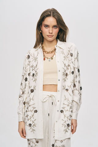 Kadın Çiçek Nakışlı Oversize Viskon-Keten Gömlek