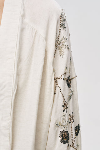 Kadın Çiçek Nakışlı Viskon-Keten Oversize Kimono