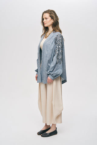 Kadın Payet ve Boncuk İşlemeli Oversize Pamuk-Keten Kimono