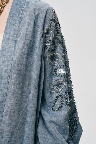 Kadın Payet ve Boncuk İşlemeli Oversize Pamuk-Keten Kimono