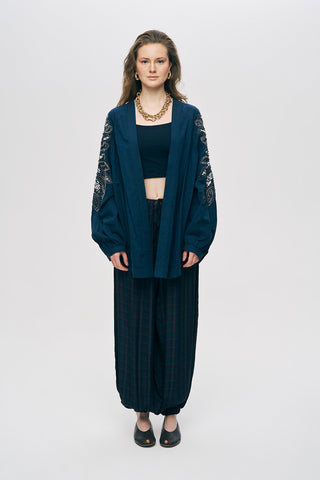 Kadın Payet ve Boncuk İşlemeli Oversize Pamuk-Keten Kimono