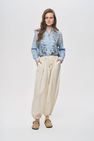 Kadın Önü Desenli Pul ve Boncuk İşlemeli Oversize Gömlek