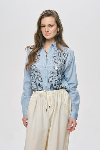 Kadın Önü Desenli Pul ve Boncuk İşlemeli Oversize Gömlek