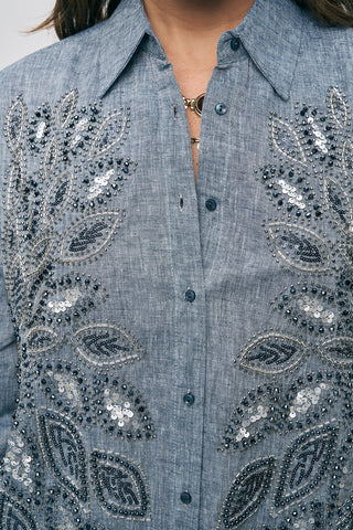 Kadın Önü Desenli Pul ve Boncuk İşlemeli Oversize Gömlek
