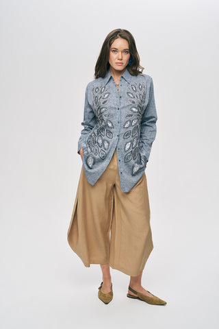 Kadın Önü Desenli Pul ve Boncuk İşlemeli Oversize Gömlek