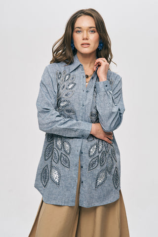 Kadın Önü Desenli Pul ve Boncuk İşlemeli Oversize Gömlek