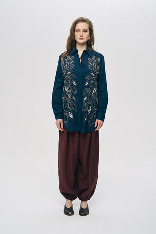 Kadın Önü Desenli Pul ve Boncuk İşlemeli Oversize Gömlek