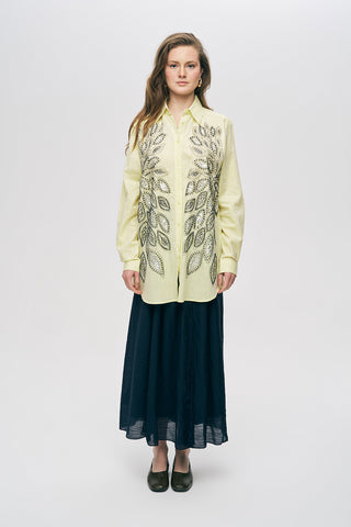 Kadın Önü Desenli Pul ve Boncuk İşlemeli Oversize Gömlek