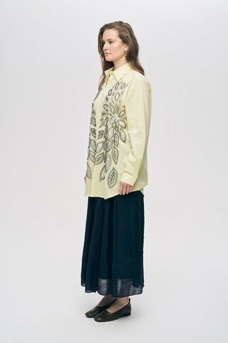 Kadın Önü Desenli Pul ve Boncuk İşlemeli Oversize Gömlek