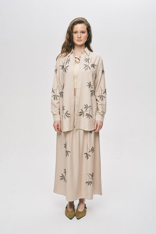 Kadın Yaprak İşlemeli Oversize Kesim Viskon Gömlek