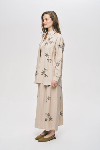 Kadın Yaprak İşlemeli Oversize Kesim Viskon Gömlek