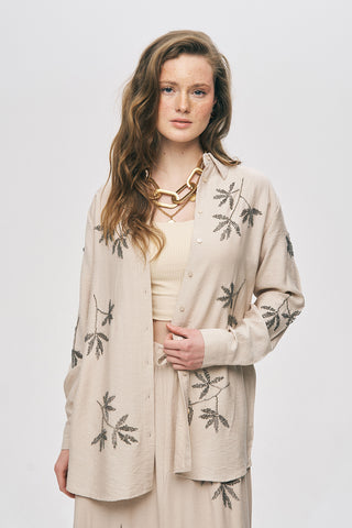 Kadın Yaprak İşlemeli Oversize Kesim Viskon Gömlek