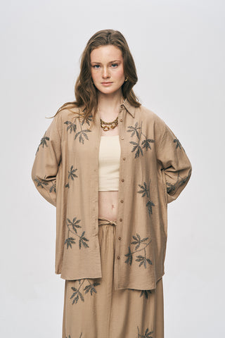 Kadın Yaprak İşlemeli Oversize Kesim Viskon Gömlek