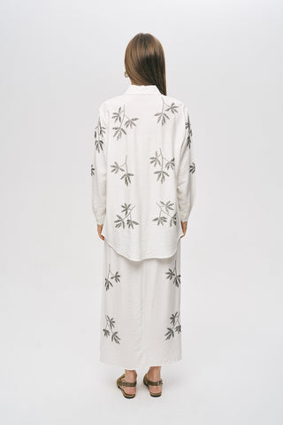 Kadın Yaprak İşlemeli Oversize Kesim Viskon Gömlek