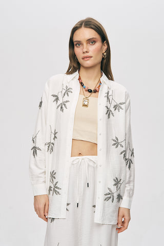 Kadın Yaprak İşlemeli Oversize Kesim Viskon Gömlek