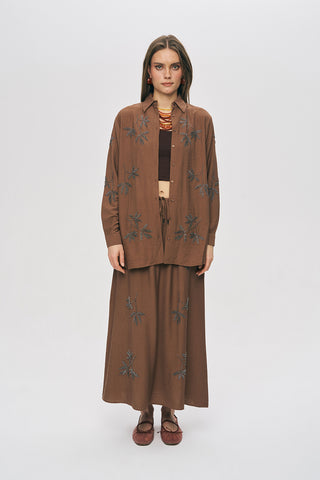 Kadın Yaprak İşlemeli Oversize Kesim Viskon Gömlek