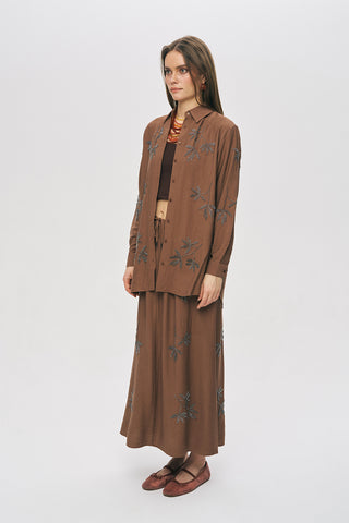 Kadın Yaprak İşlemeli Oversize Kesim Viskon Gömlek